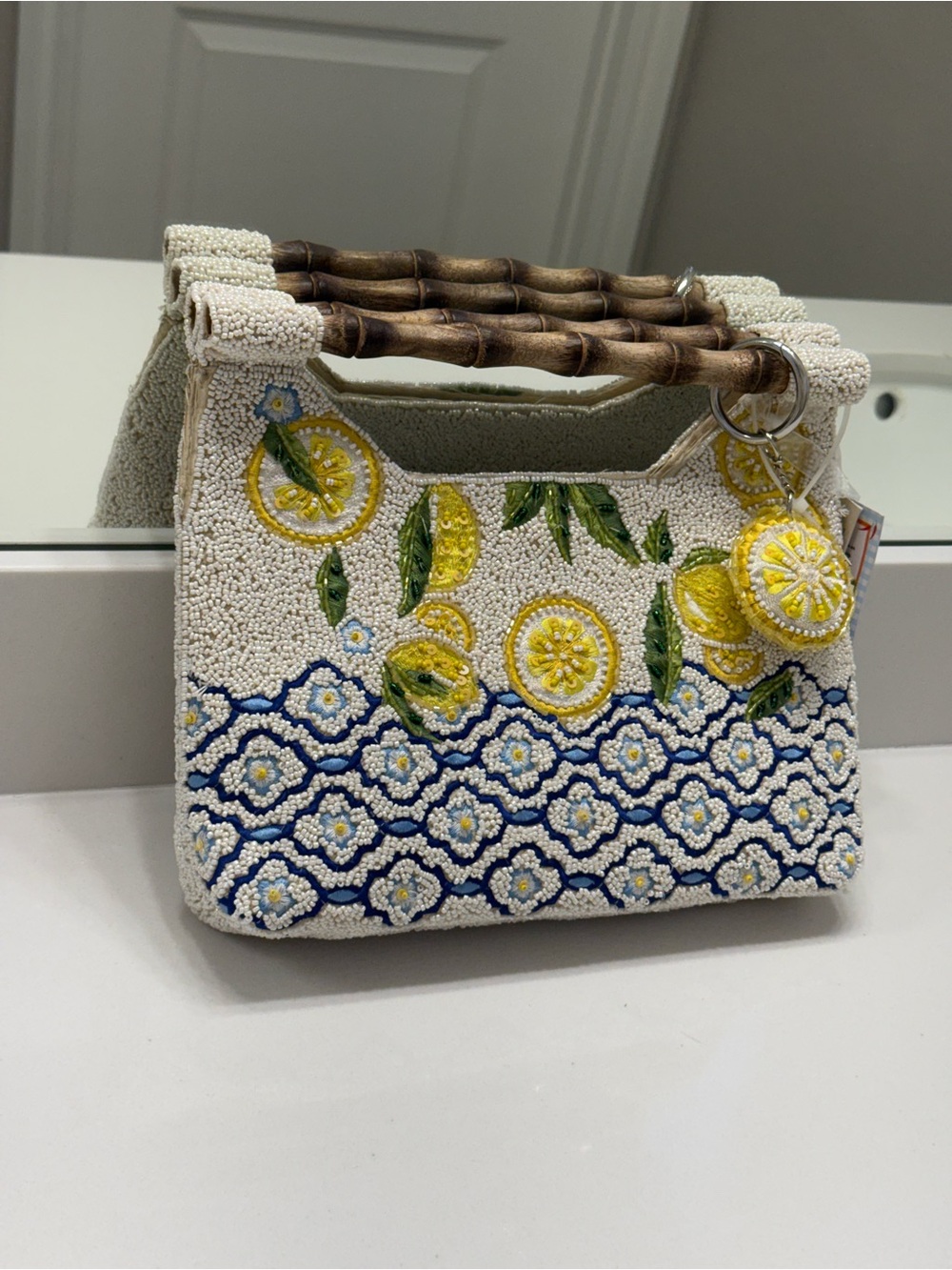 Beaded Lemon Motif Wristlet Clutch in Yellow & Blue NWT